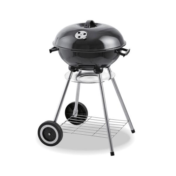 Barbacoa metalica negra de pie con tapa y ruedas ø41 x 70 cm